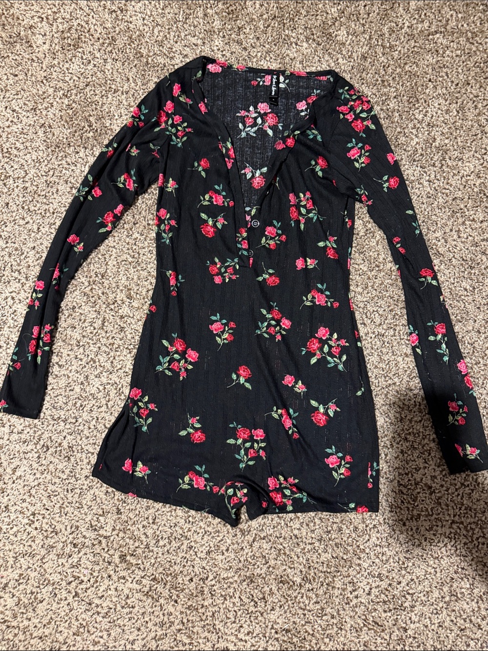 For Love And Lemons Black Floral Long‑Sleeve Romper Pajama